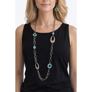 Womens Turquoise Blue Silver Tone Long Station Necklace and Drop Earring Set